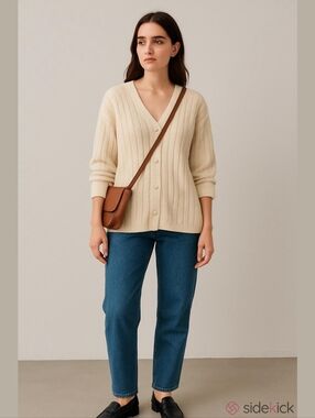 Retro 90's United Colors Of Benetton Cream Ribbed V-Neck Lambswool Cardigan